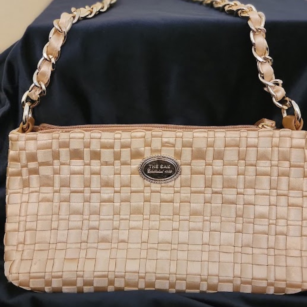Vintage The SAK Gold Woven Satin Purse with Chain Handle
